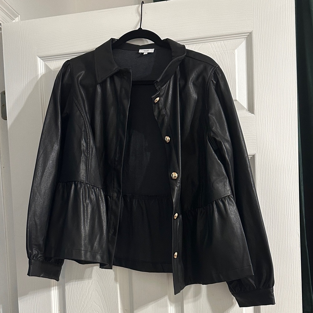 Chic Black Faux Leather Peplum Jacket with Gold Buttons NWOT